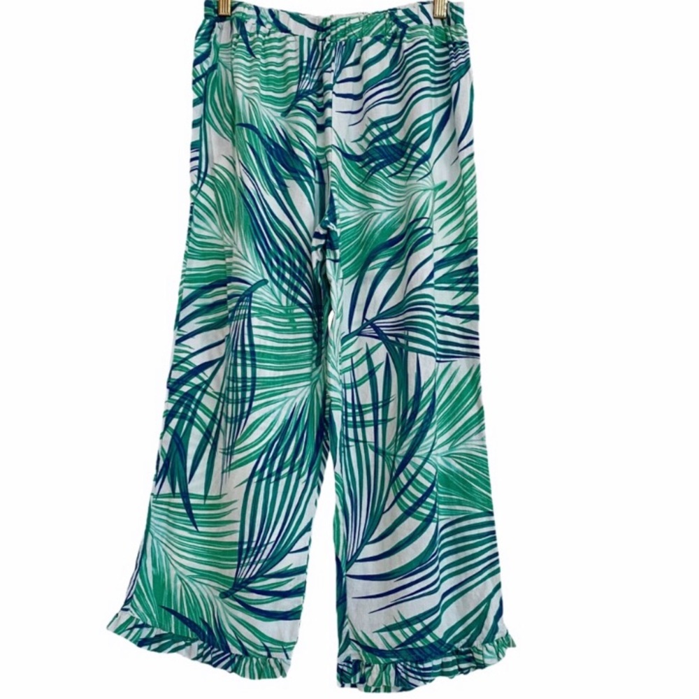 For Cynthia Linen pants tropical print S small ruffle ruffled hem